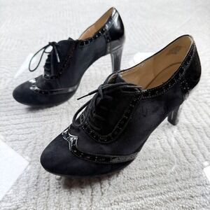 Anne Klein Cillian Oxford Heels Womens 6M Black Suede Patent Wingtip Brogue Pump